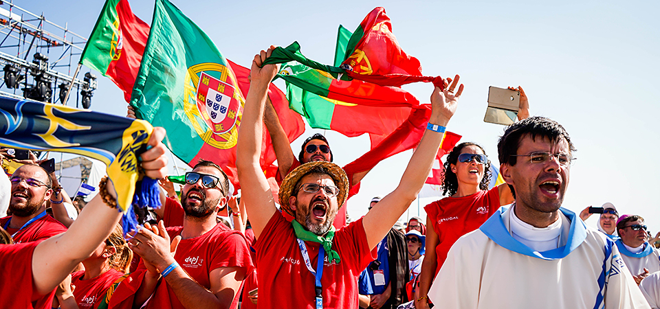 Young people from Portugal celebrate as Lisbon was announced as the host city for World Youth Day 2022 during the Final Mass of World Youth Day 2019 in Panama City, Panama. Image: Isaac Gutierrez/Panama2019